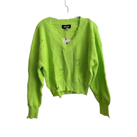 NWT SER.O.YA Syd Sweater Women Size Medium Neon Green Distressed Grunge V-neck‎ - Picture 1 of 12